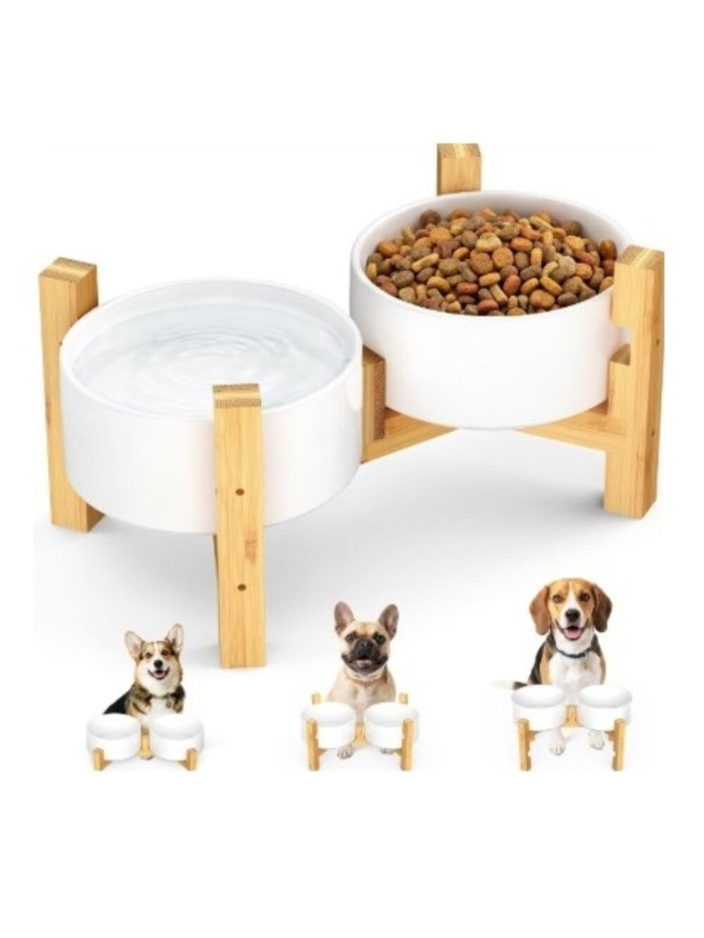 Elevated Ceramic Dog Bowl Set Bamboo Stand 44oz Adjustable Height 2pc